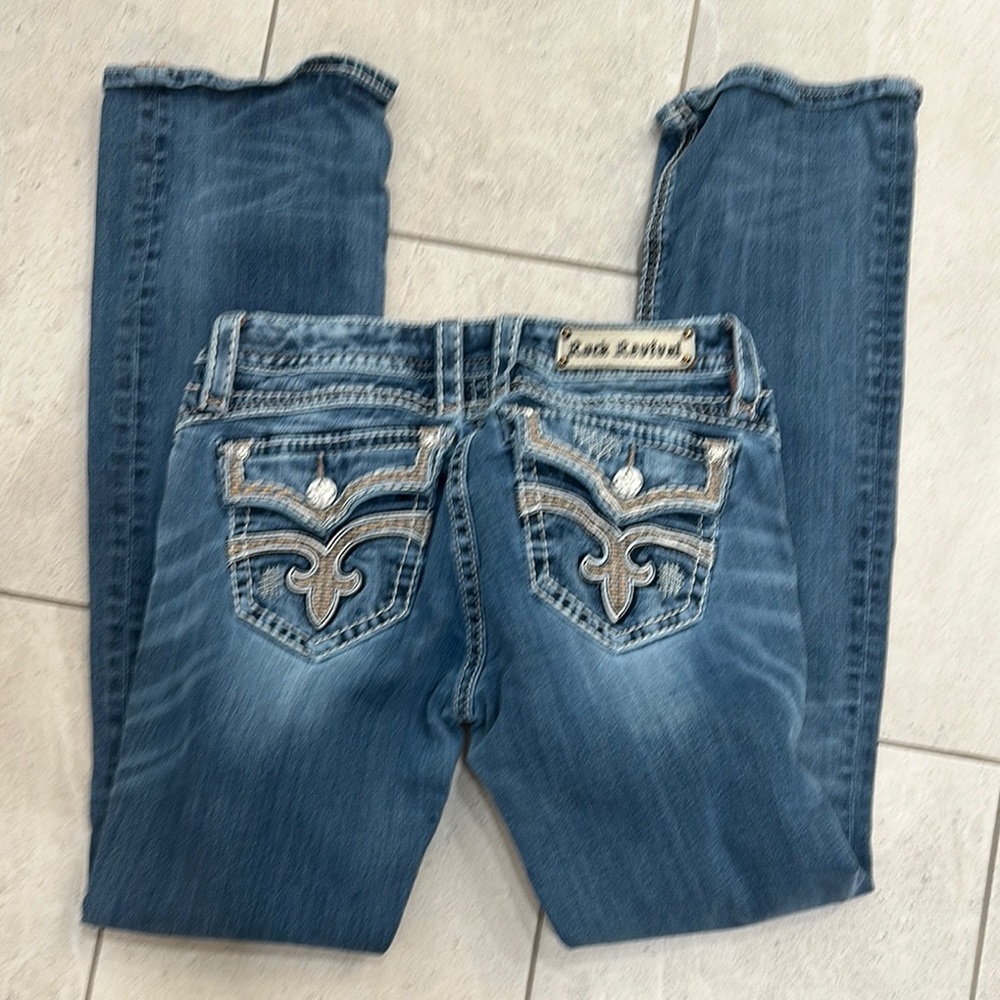 Rock Revival Blue Boot Cut Jeans with Decorative Stitching